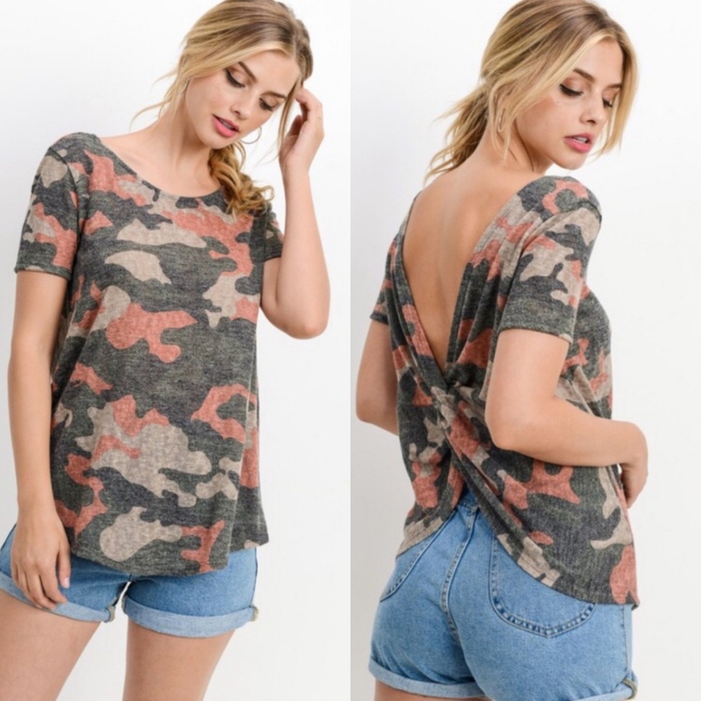 Open Twist Back Camo Short Sleeve Top